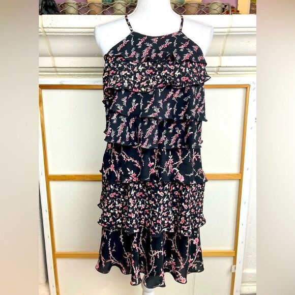 WHBM layered floral chiffon dress NWOT fully lined💐 tie neck - Picture 2 of 13